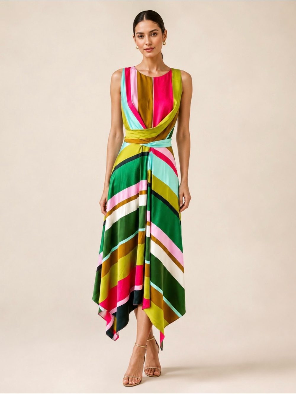 Maggy London Pop Party Stripe Charmeuse Handkerchief Hem Multicolour Dress 4 NWT